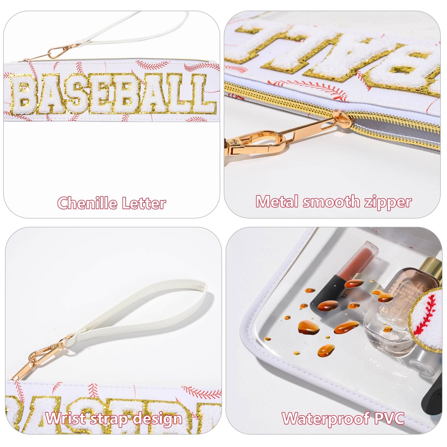 Bufilea Baseball Gift Clear Baseball Bag with Chenille Letter Patches, Waterproof PVC Toiletry Pouch with Wristlet, Large Portable Makeup Bag for Baseball Moms Essentials, Game Day & Travel Organizer