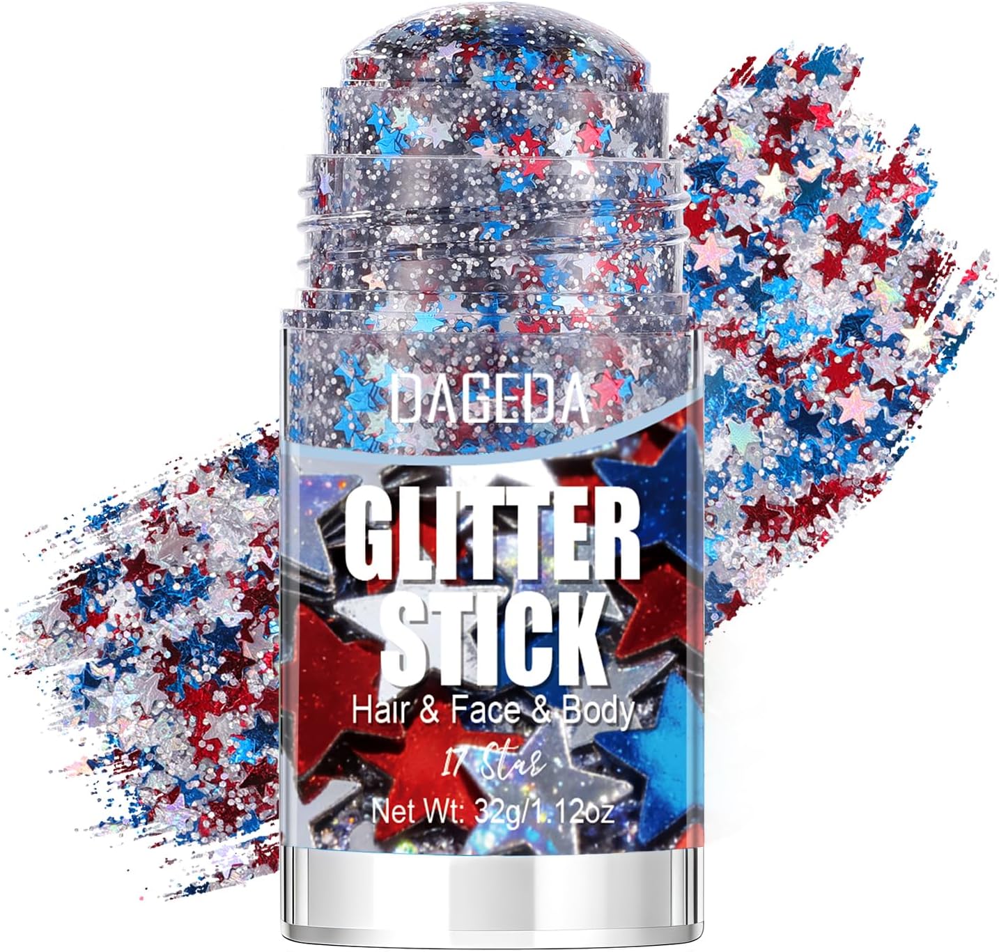 Red White Blue Face & Body Glitter Stick - Patriotic Sparkling Makeup for 4th of July | Star Design