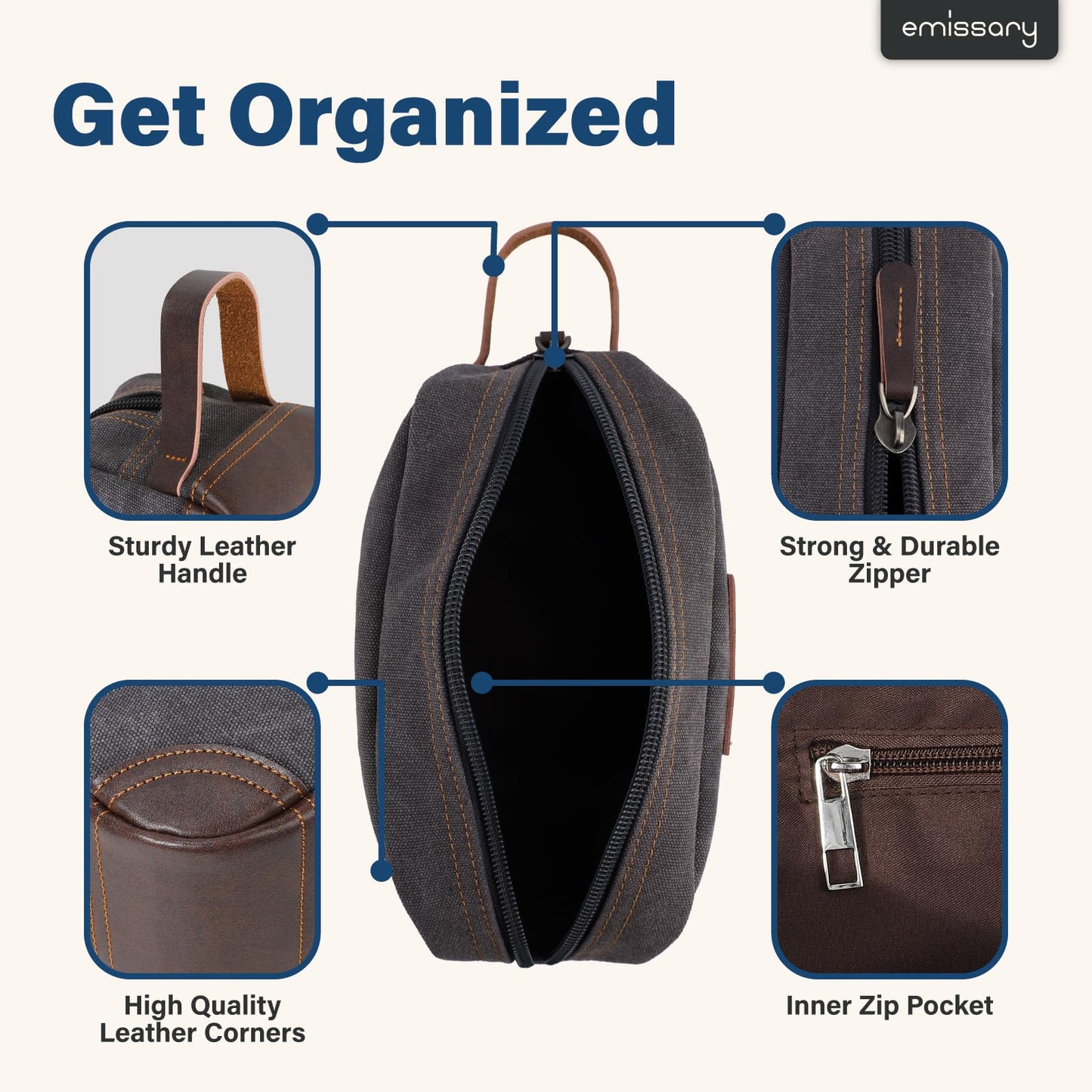 emissary Men's Canvas Travel Toiletry Bag, Leather Dopp Kit - Gray