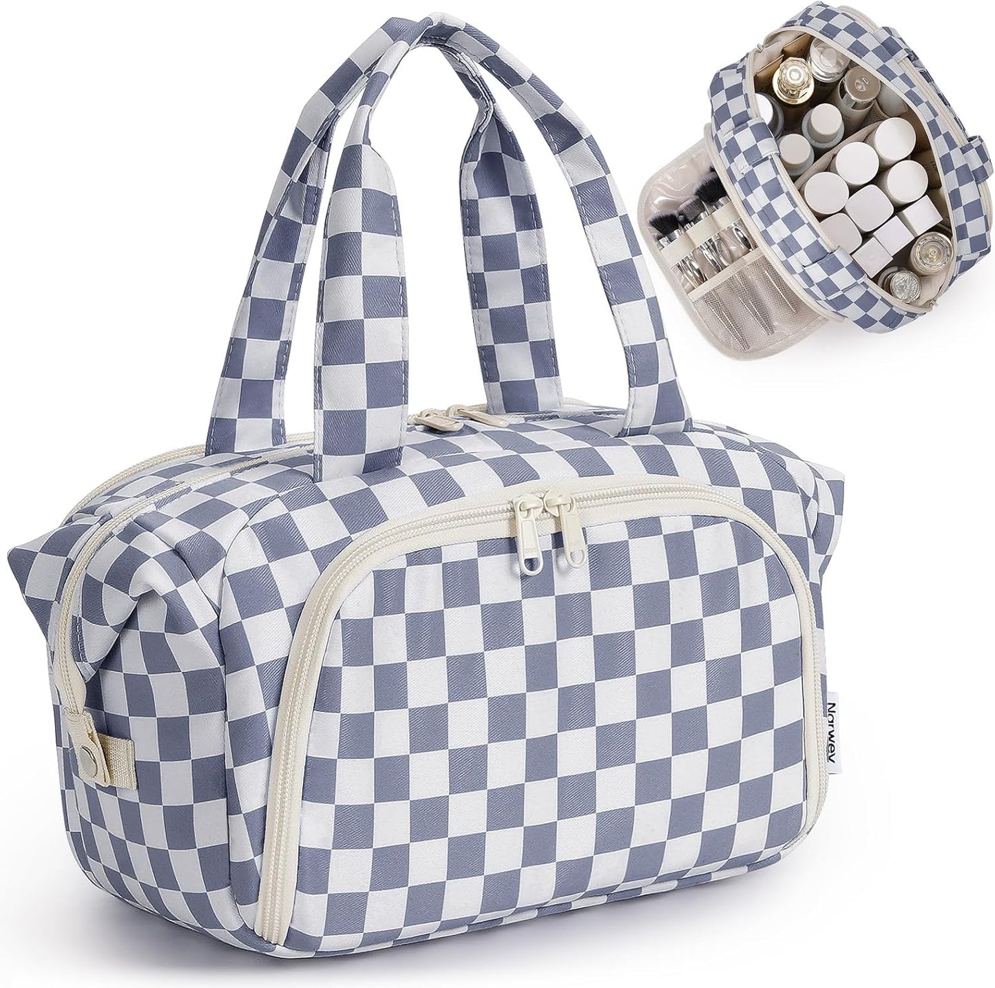 Travel Toiletry Bag for Women - Checkered Makeup Organizer with Handle | Large Size, Wet Pocket (Green Checker)