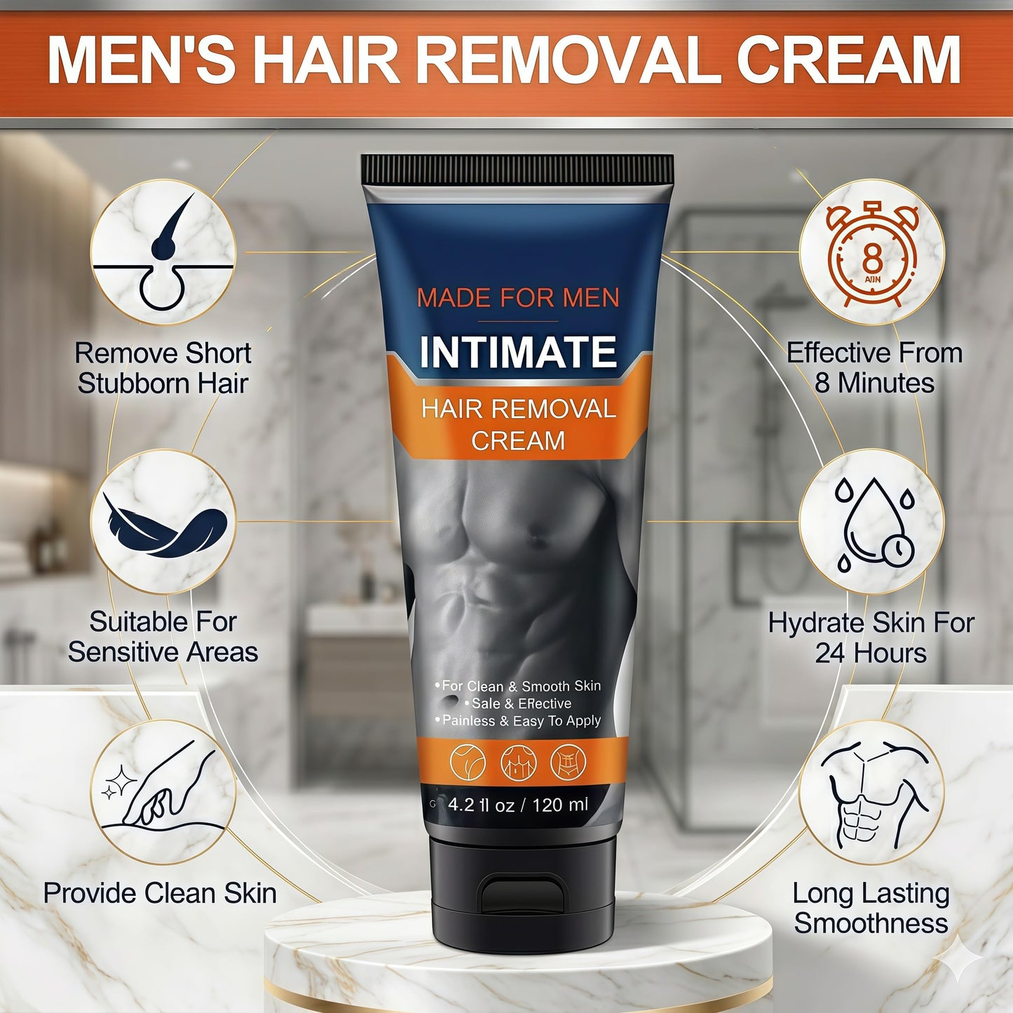 Intimate Hair Removal Cream for Men, Sensitive Skin Formula with Aloe Vera & Vitamin E, Painless Depilatory Cream for Private Parts, Chest, Back and Legs, 4.2 fl oz