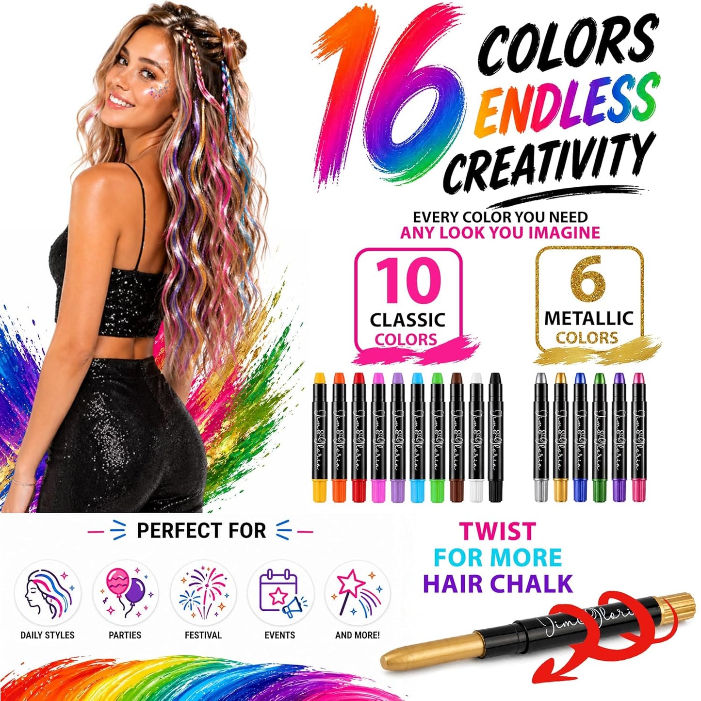 Hair Chalk Set - 16 Washable Colors with 6 Metallic Shades | Fun Temporary Hair Color for Teens & Tweens