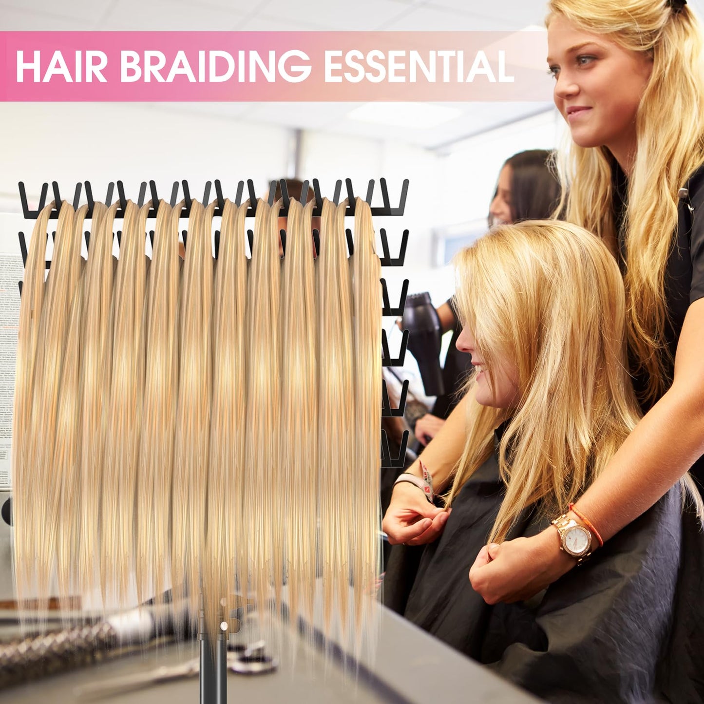 Klvied 144 Pegs Braiding Hair Rack Standing, Height Adjustable Hair Holder for Braiders with Accessory Tray & Carrying Bag, Heavy Duty Rolling Hair Organizer for Salon & Home (48.2"-62.9"), Black