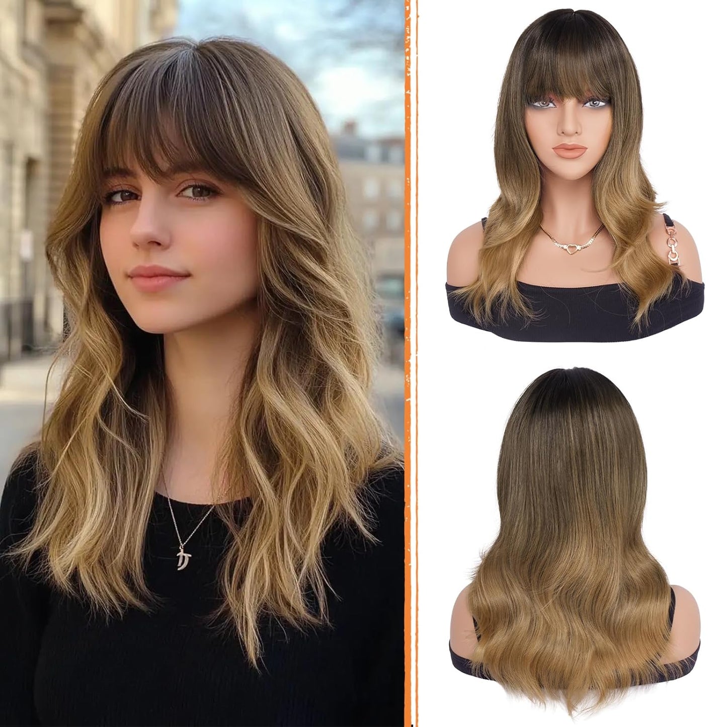 Blonde Wigs with Bangs - 19 Inch Natural Wavy Synthetic Hair | Heat Resistant Medium Length for Daily Wear