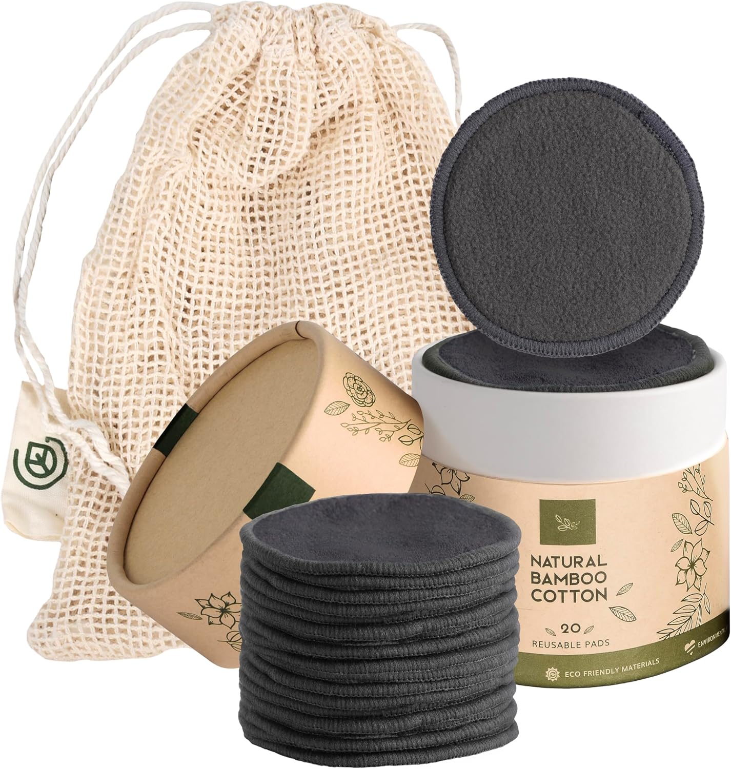 Reusable Makeup Remover Pads - 12 Pack Microfiber Cotton Rounds | Charcoal & Bamboo Terry for All Skin Types