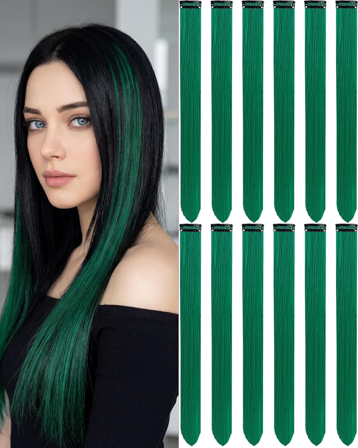 Clip-In Black Hair Extensions - 22 Inch Long Synthetic Hairpieces for Women | Party Highlights