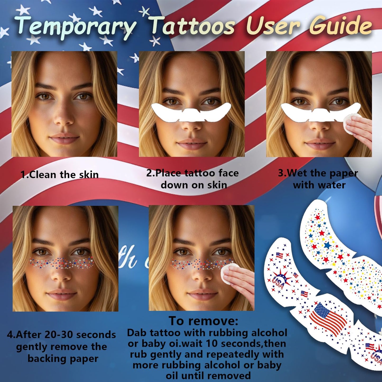 4th of July Tattoos, Red White Blue Face Glitter Freckles+Face Gems Hair Rhinestone+American Flag USA Temporary Tattoos for Patriotic, Independence Day Fourth of July Memorial Day Labor Day