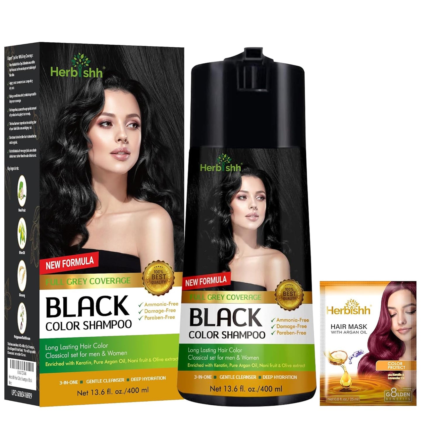 Herbishh Hair Color Shampoo for Gray Hair - Keratin-Enriched Formula for Full Coverage | Black (400ml)