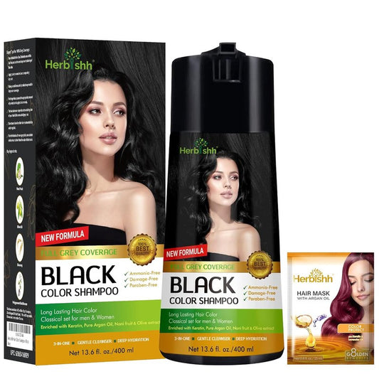 Herbishh Hair Color Shampoo for Gray Hair - Keratin-Enriched Formula for Full Coverage | Black (400ml)