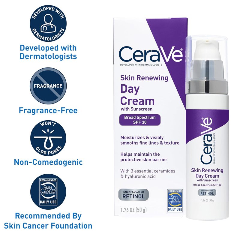 CeraVe Anti-Aging Face Cream SPF 30 - Retinol & Hyaluronic Acid, 1.76 oz | Hydrating Anti-Wrinkle Formula