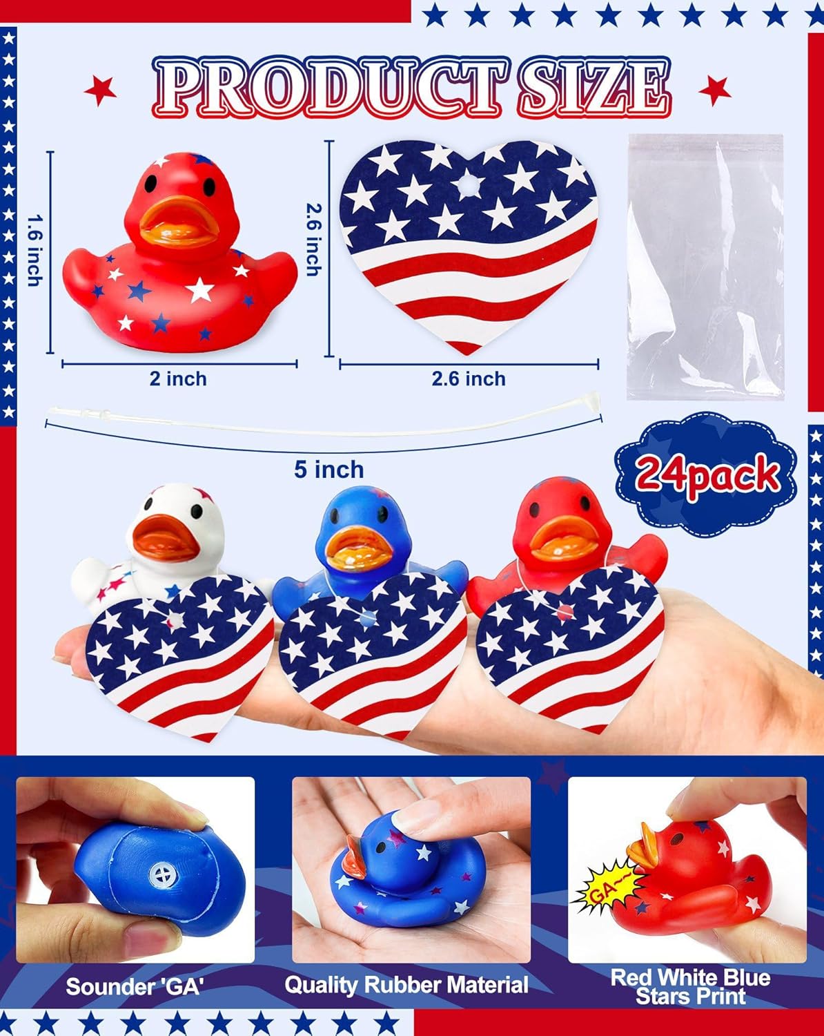 Patriotic Rubber Ducks - 24 Pack Mini Squeak Toys for 4th of July | Red, White & Blue Party Favors