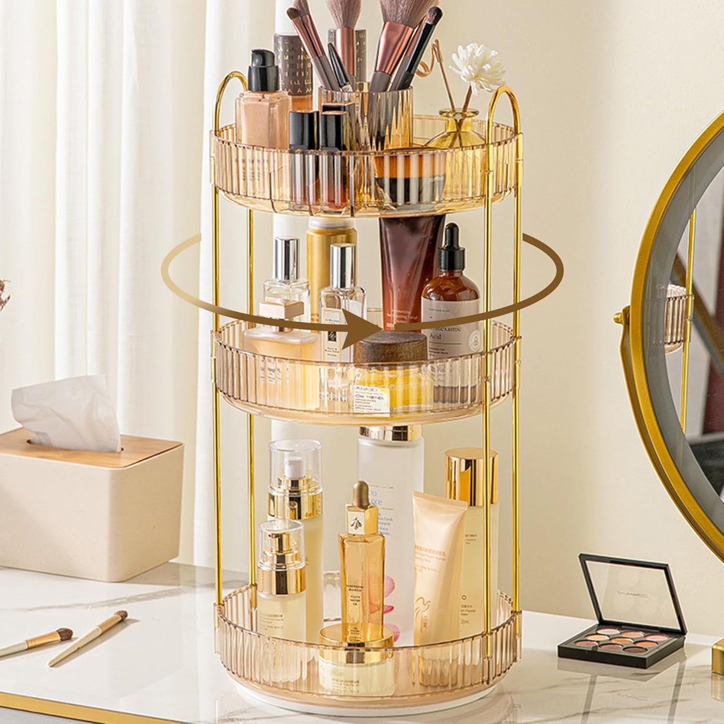 Rotating Makeup Organizer - 3 Tier Clear Cosmetic Holder for Vanity | Grey Perfume & Skincare Storage