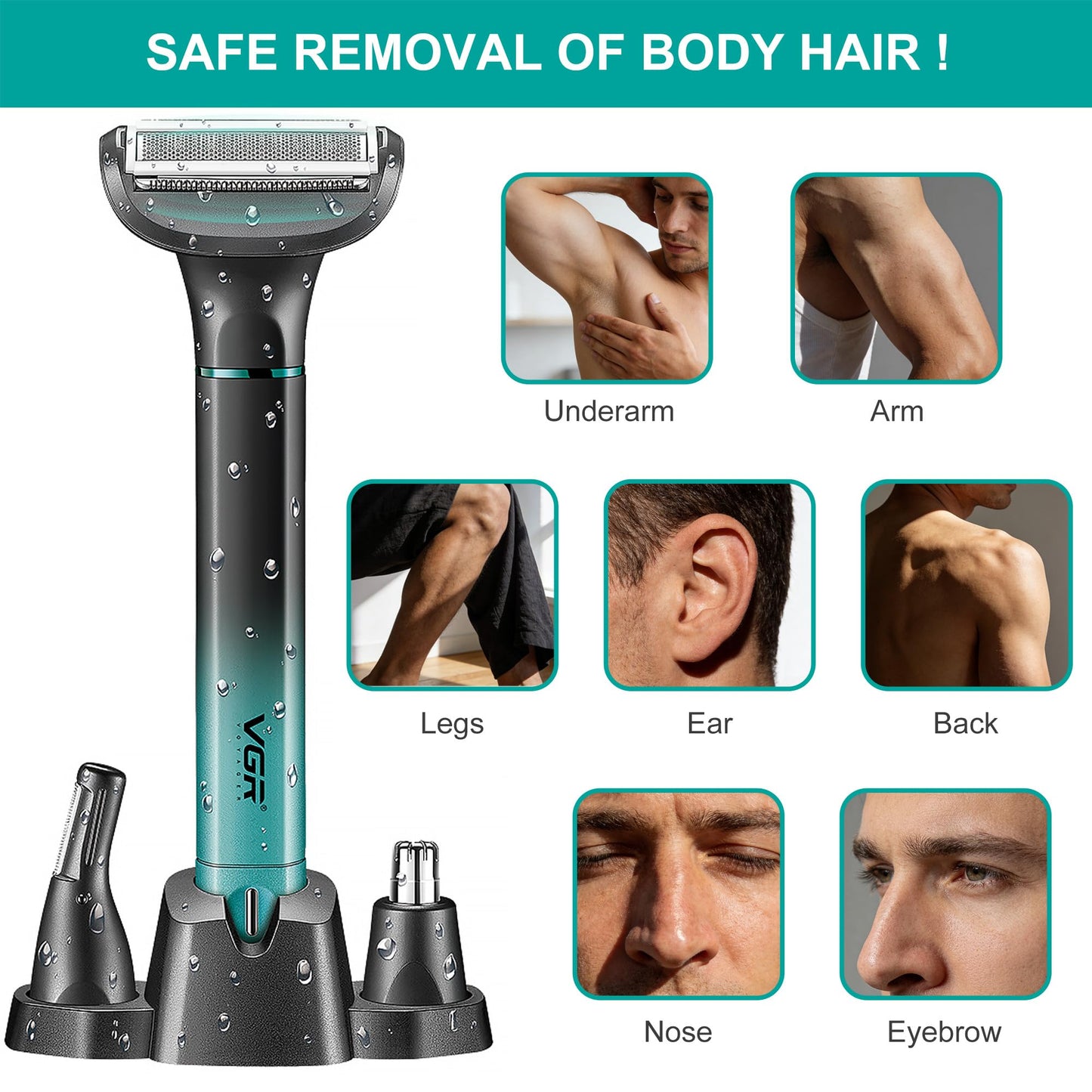 VGR 625 Body Hair Trimmer for Men,3-in-1 Versatile Electric Trimmer for Body/Eyebrow/Beard/Nose/Ear Hair,USB Rechargeable Mens Grooming Kits, IPX5 Waterproof Mens Shaver Portable Travel Set