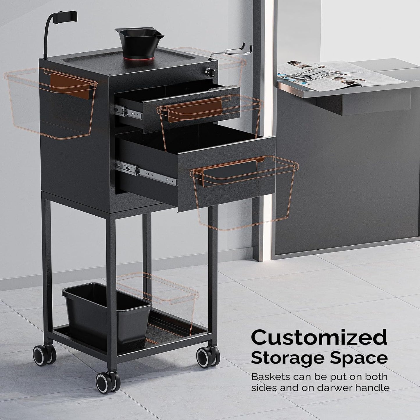Salon Trolley Cart - Hair Stylist Station with Lockable Drawer, 2 Magnetic Color Bowls & Storage Baskets | Black Metal Design