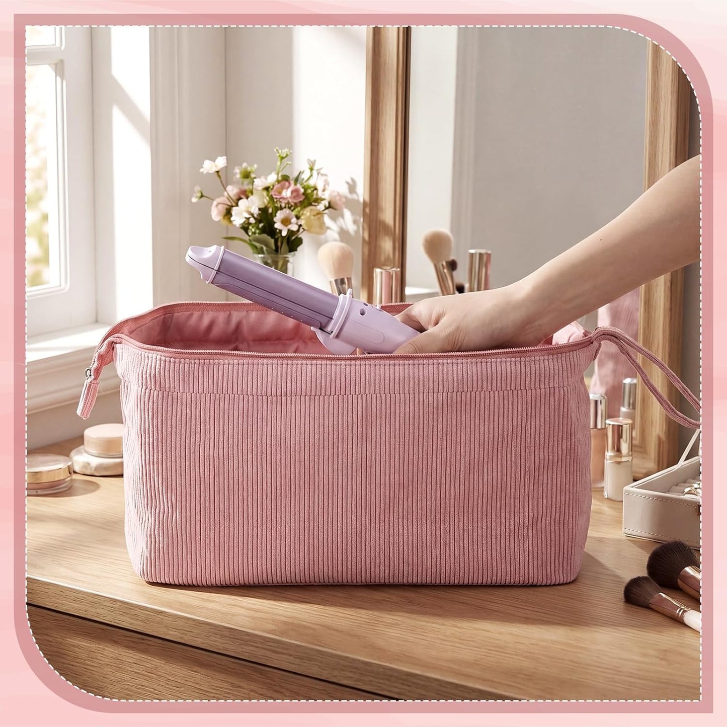 Travel Hair Tools Organizer Bag - Large Pink Corduroy with Handle | Hot Styling Tools & Accessories Storage