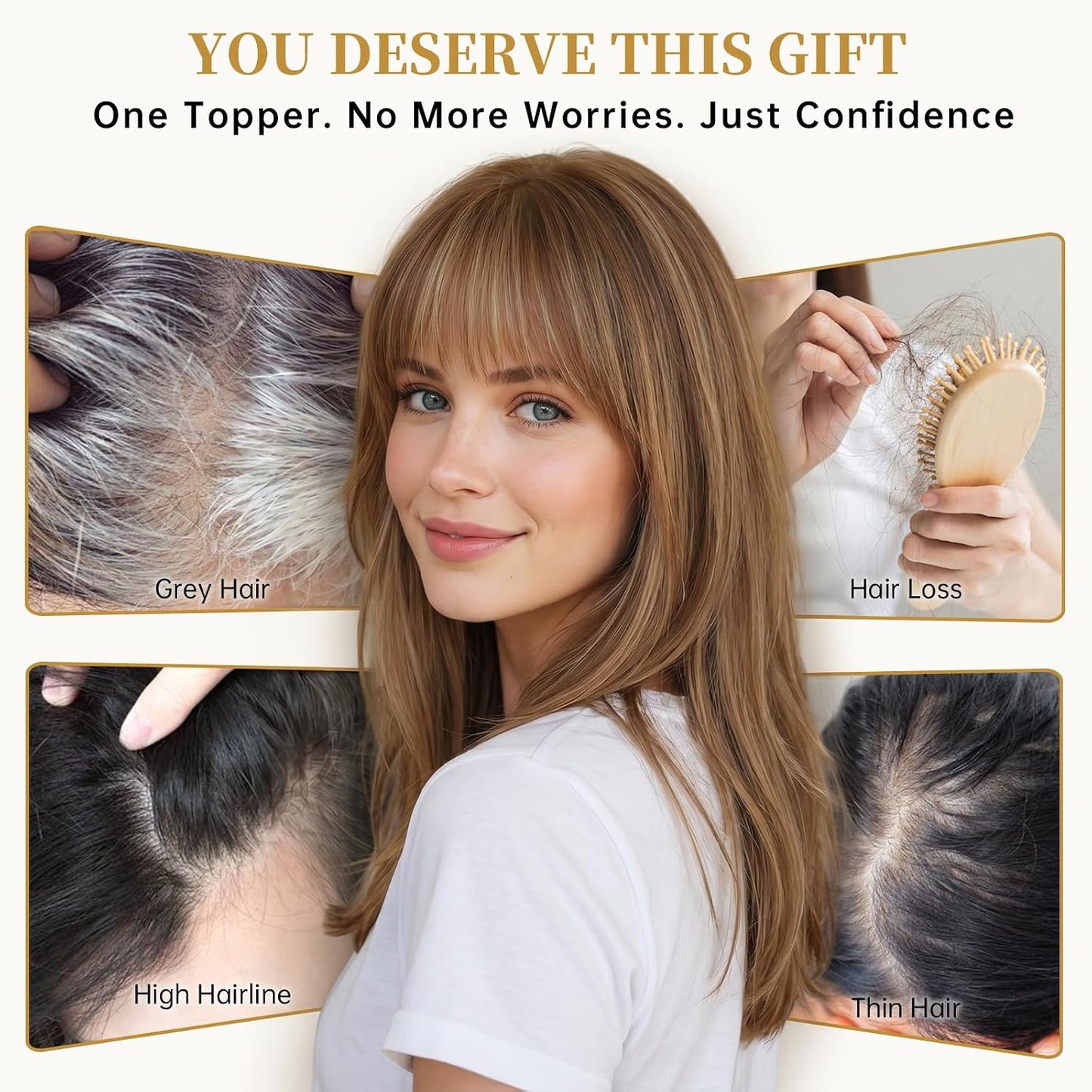 Real Human Hair Toppers for Women - 14-Inch Mixed Brown with Bangs | 6" x 5" Swiss Lace Base