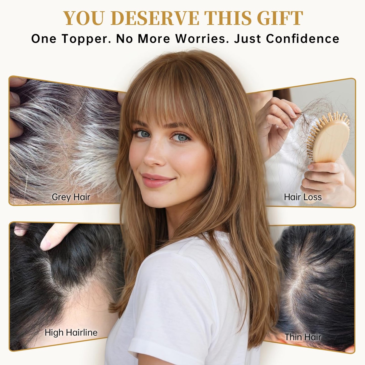 Wear but free KKU Hair Toppers for Women Real Human Hair, 6" × 5" Lager Swiss Lace Base 100% Human Hair Toppers for Women, Covering Thining Hair(14Inch with Bangs,Mixed Brown)
