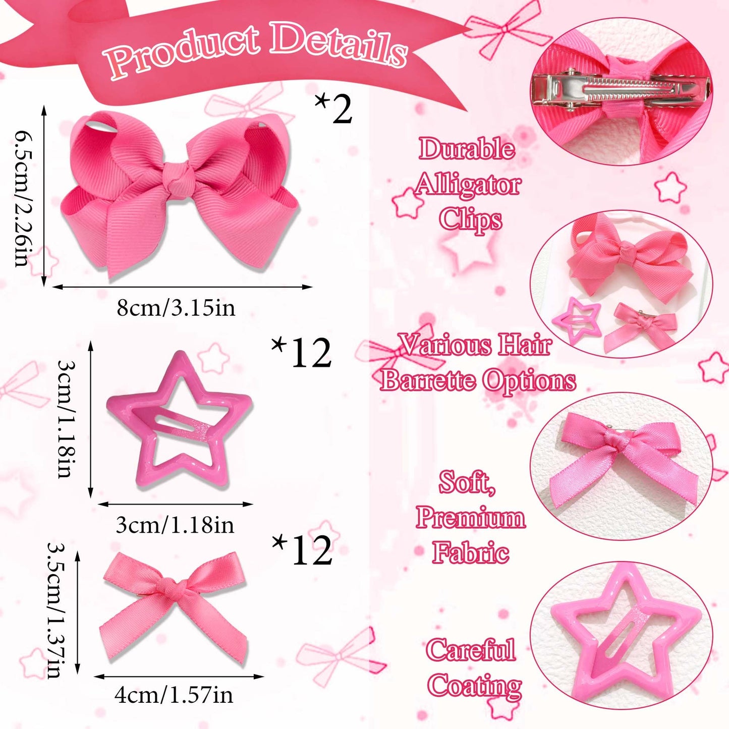 STGDAK Hot Pink Hair Bows Coquette Star Clips Cute Bow For Girls Grosgrain Ribbon Bow Clip Easter Mini Bowknot Barrette Kawaii Easter Basket Stuffers For Girls Decor