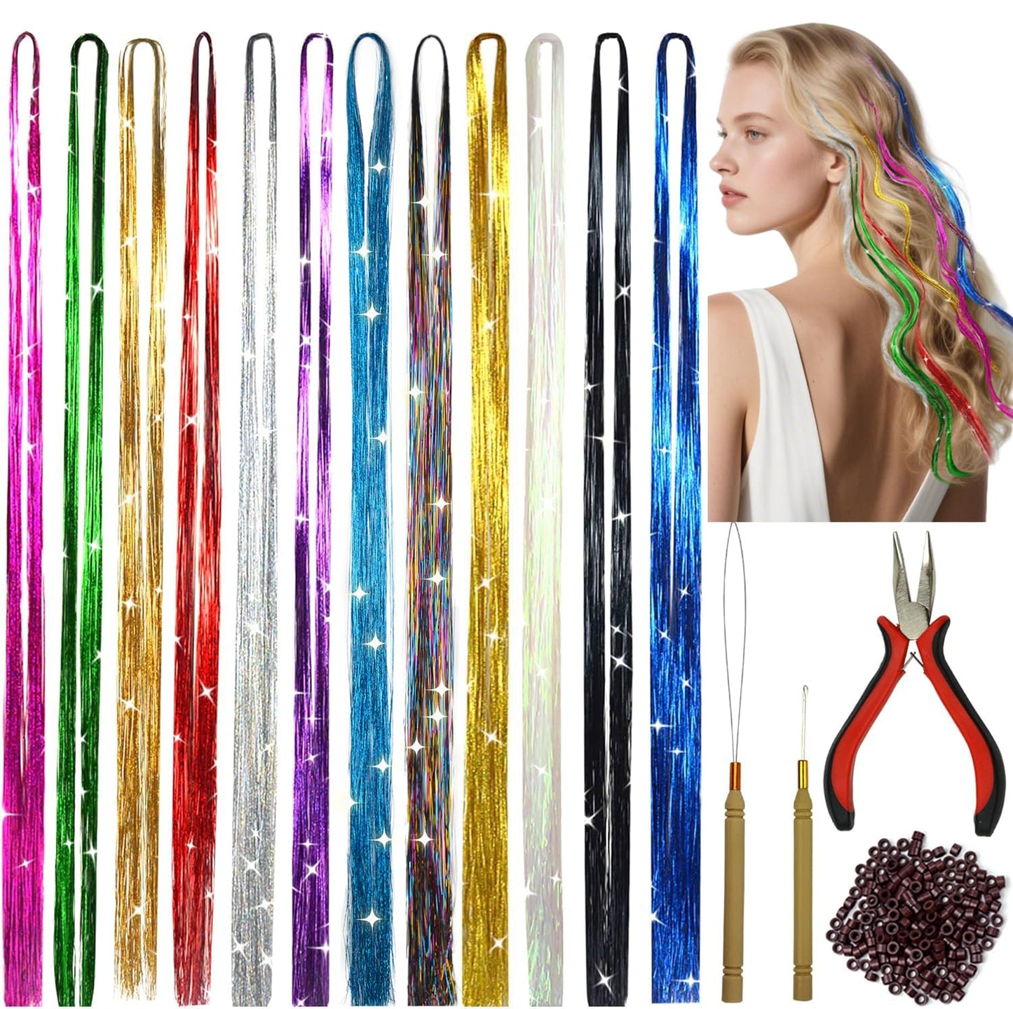 Colorful Glitter Hair Tinsel Set 47 Inch 12 Colors 2400 Strands, Shiny Fairy Hair Extensions with Tools for Women Girls Daily and Party Hairstyling