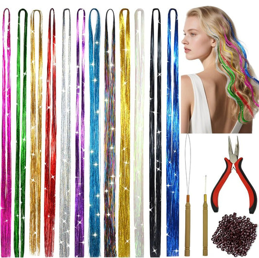 Colorful Glitter Hair Tinsel Set 47 Inch 12 Colors 2400 Strands, Shiny Fairy Hair Extensions with Tools for Women Girls Daily and Party Hairstyling
