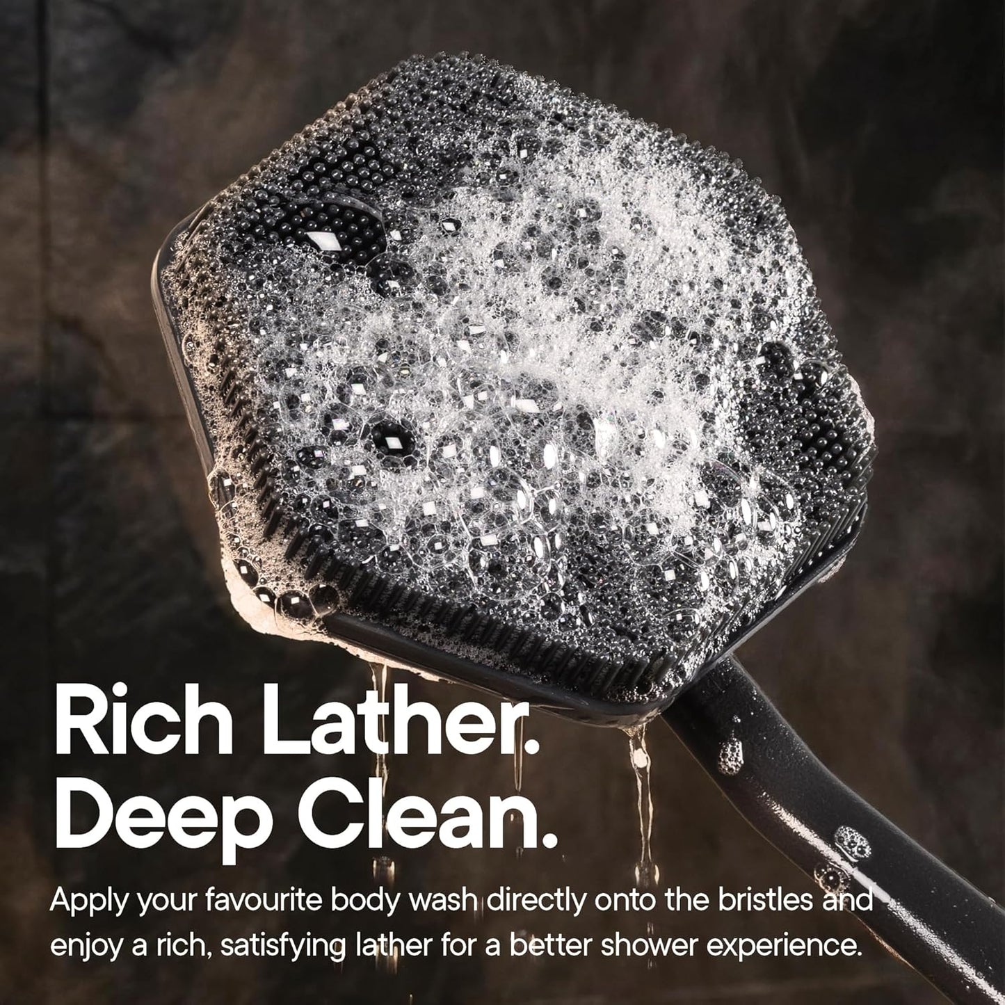 Silicone Back Scrubber for Shower - Exfoliating Bath Brush with Long Ergonomic Handle & Non-Slip Grip | Charcoal Color