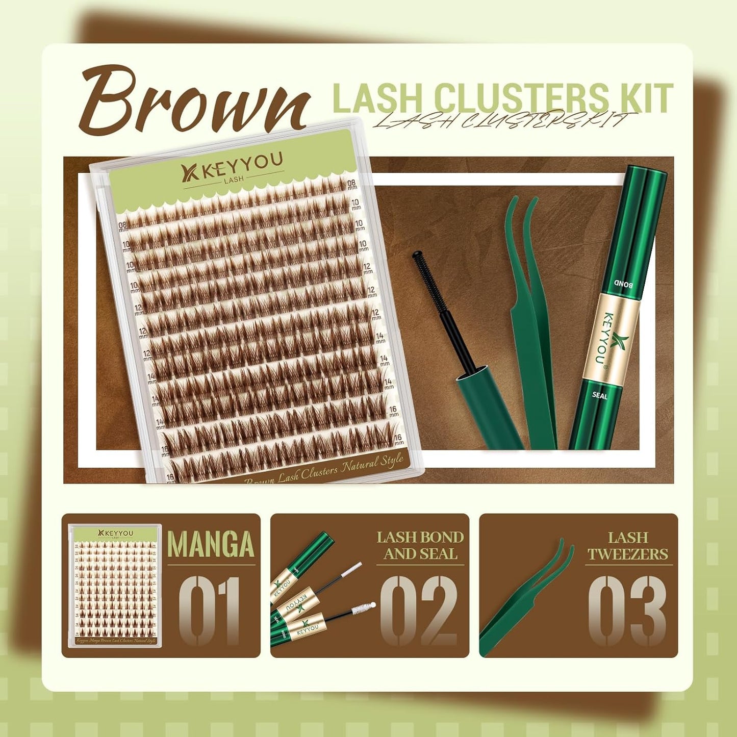 Manga Brown Lash Clusters Kit - Natural Fluffy Individual Eyelash Extensions | DIY Clear Band Lashes with Bond & Seal Glue