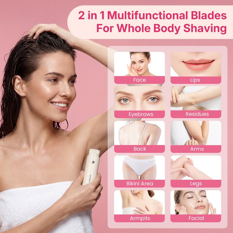 SUNVIVIPRO 2-in-1 Bikini Hair Trimmer, IPX6 Waterproof Electric Razor for Women, Painless Body Shaver Pubic Trimmer, Hair Removal Kit for Bikini Underarm Leg Arm Body Face, White