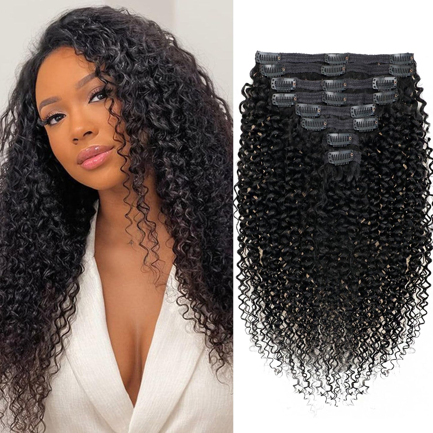Mihugass Curly Clip In Hair Extensions Human Hair 3C 4A Kinky Curly Clip Ins for Black Women Natural Blend Soft Full Volume Real Human Hair for Daily Wear 18 Inch 8Pcs 120 Grams/Pack