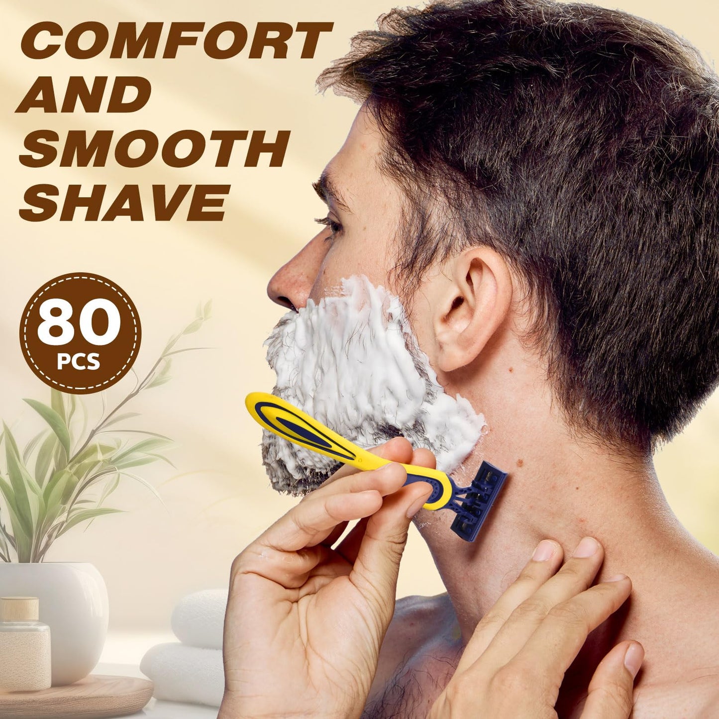 Leriton 80 Pcs Men's Disposable Razors Bulk 3 blade Disposable Razors Set Sensitive Skin Razor for Men Travel Razors Disposable Head Razor for Hotel Saunas Spa Donations Collective Use Daily