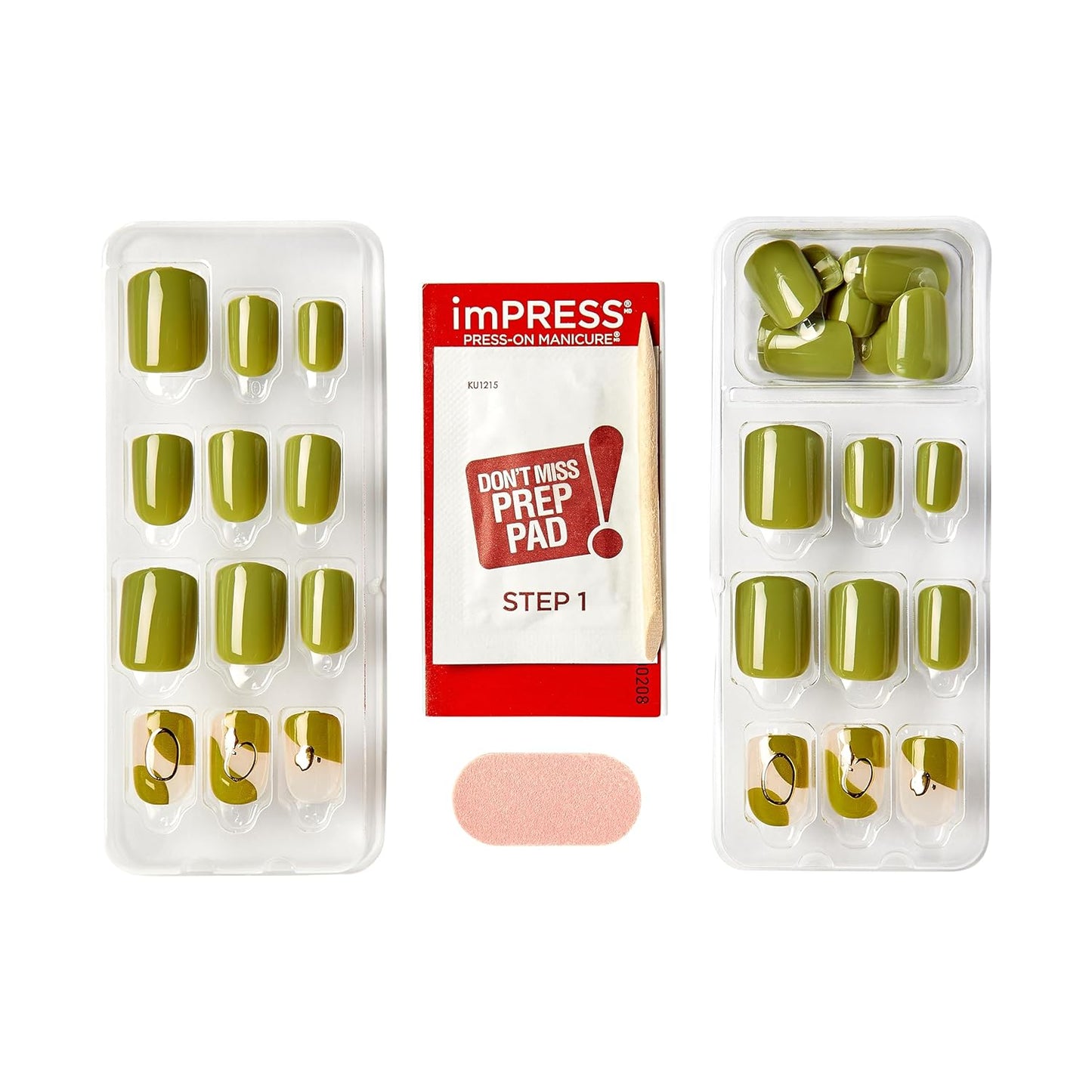 Kiss Impress No Glue Mani Press On Nails - 'Before Sunrise' Green Short Squoval Shape | 30 Nails, Prep Pad & More