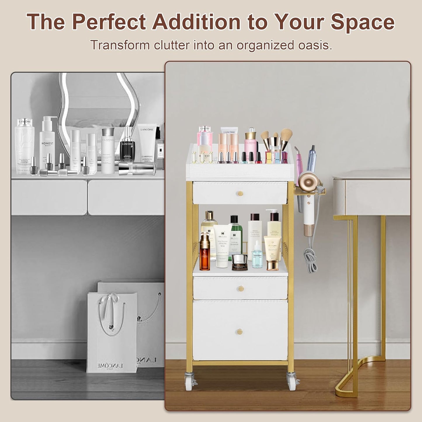 Makeup Organizer Cart - Rolling Vanity Storage with 3 Drawers & Adjustable Dividers | Gold & White