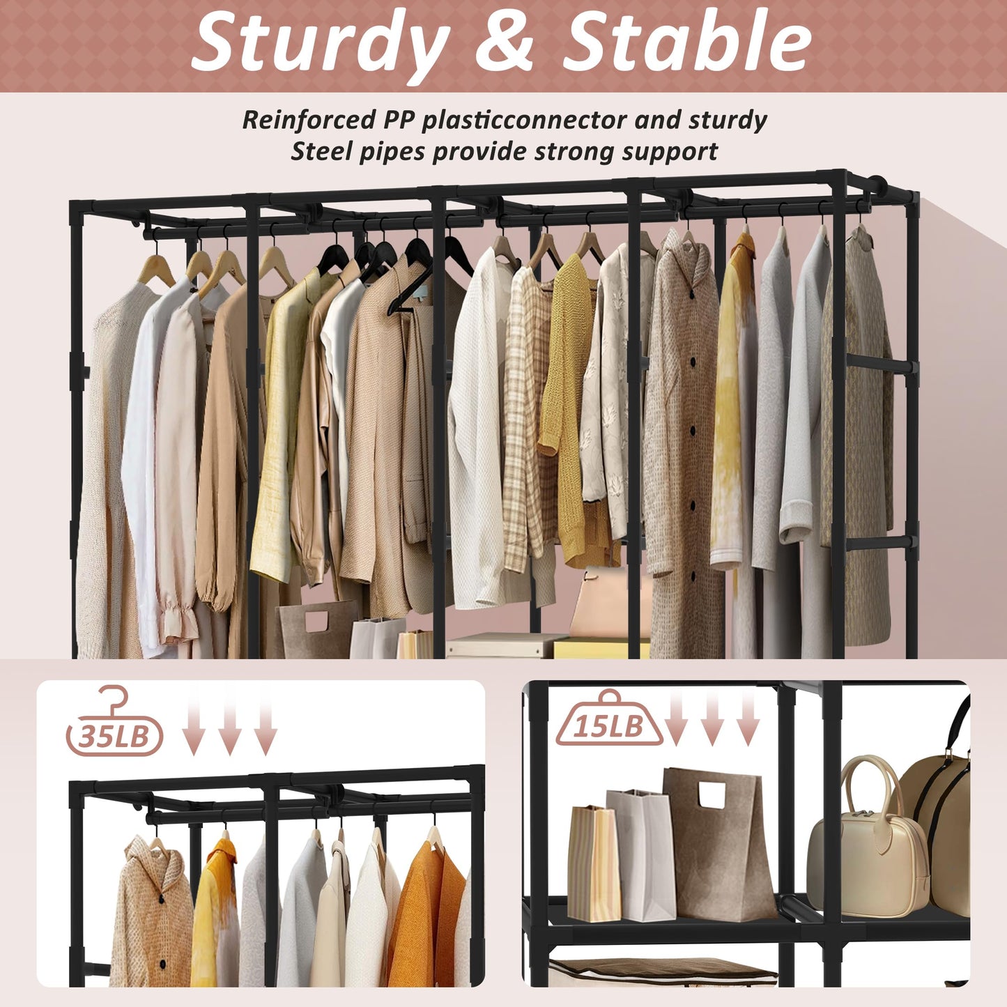 Jofuler Wardrobe Closet, Quick and Easy Assembly, Black Large Capacity Portable Closet with 4 Hanging Rods 8 Storage Shelves and 8 Side Pockets, Clothes Rack with Cover, for Bedroom and Living Room