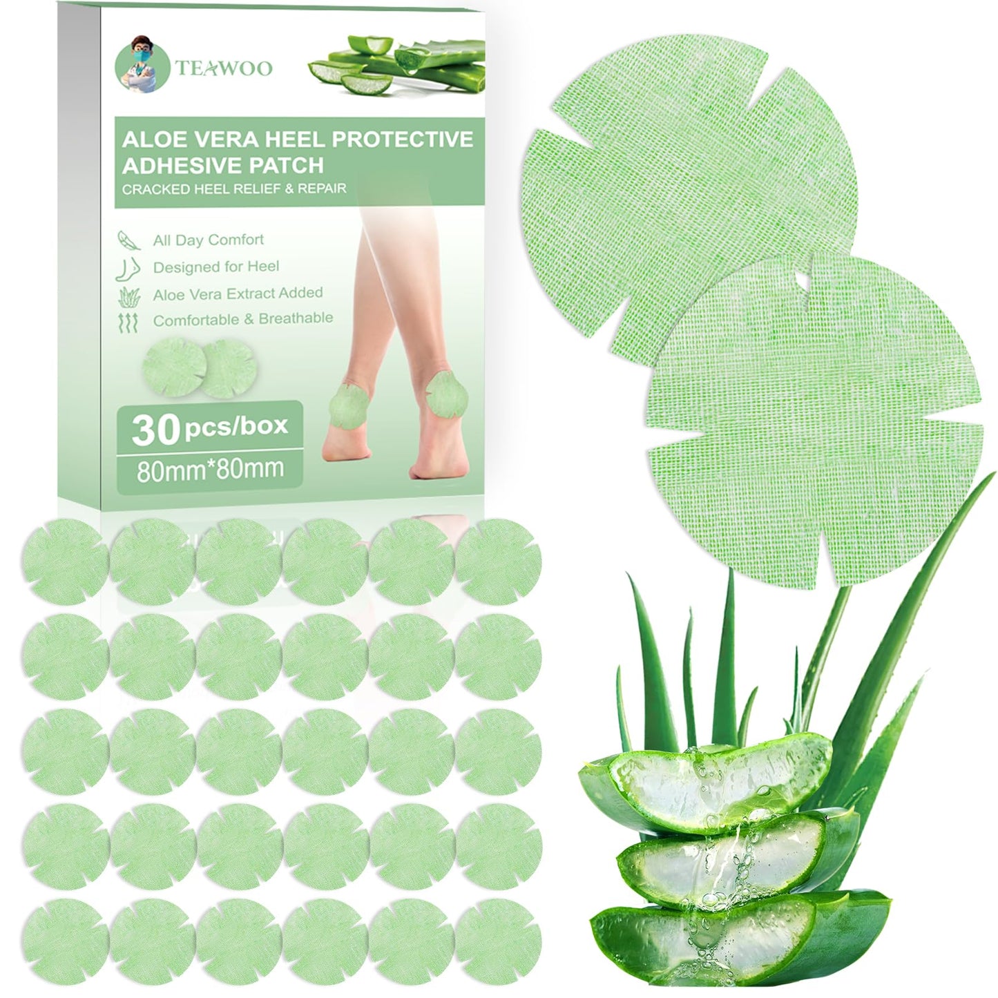 TEAWOO 30PCS Patented Aloe Vera Cracked Heel Treatment Patches, New Upgraded Cracked Heel Repair Bandage