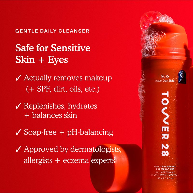 Tower 28 SOS Gel Facial Cleanser - Hydrating Face Wash + Makeup Remover for Sensitive Skin - Soothing + Gentle Face Cleanser with Aloe Vera, Oat Extract + Minerals - Fragrance-Free Skin Care (5 oz)