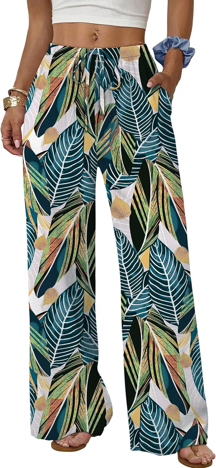 Wide Leg Pants for Women - Flowy Palazzo Trousers with Drawstring & Pockets | Summer Beach Vacation Wear