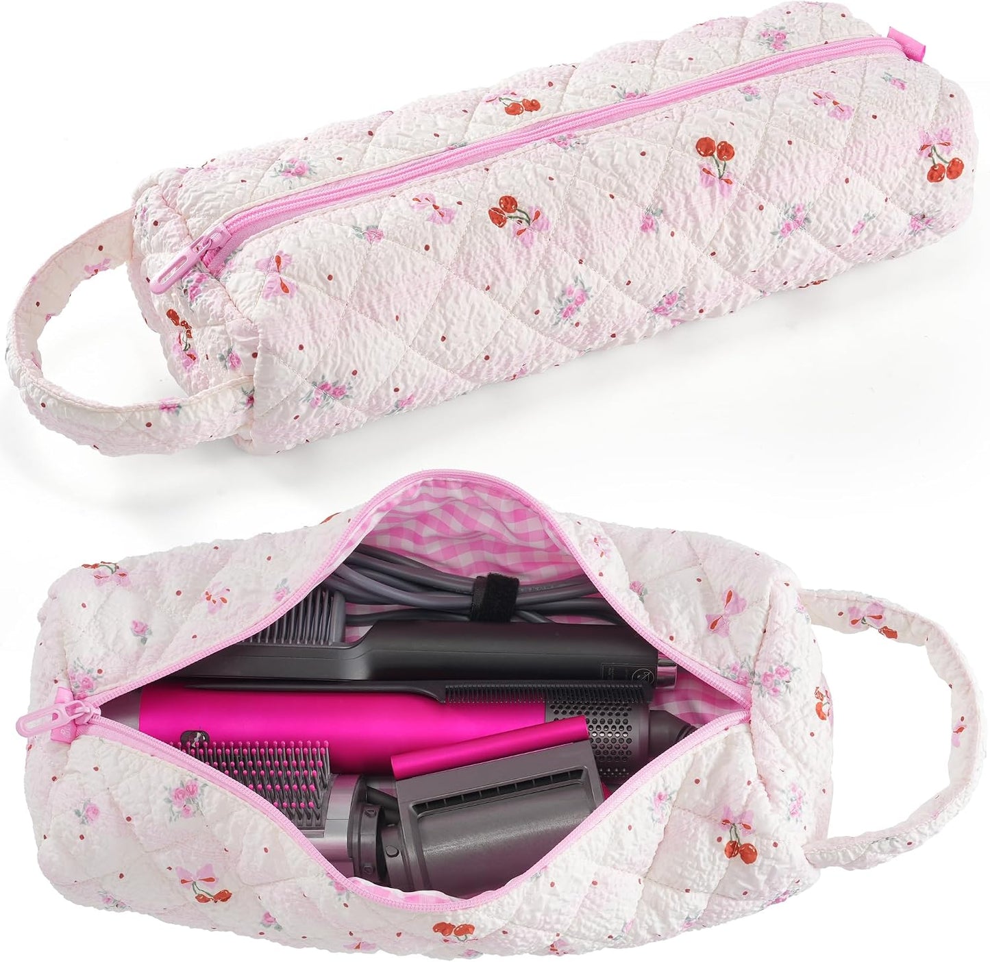 Quilted Hair Tools Travel Bag - Portable Organizer for Dyson Airwrap & Shark FlexStyle | Pink Plaid Floral