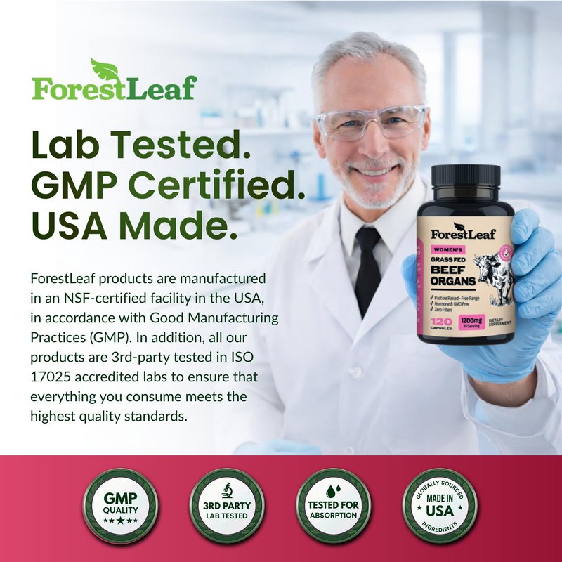 ForestLeaf Beef Organ Supplement for Women - Zero Fillers, Grass Fed Beef Organs Complex - 1200mg per Serving - Support Women's Energy & Overall Health - 120 Capsules
