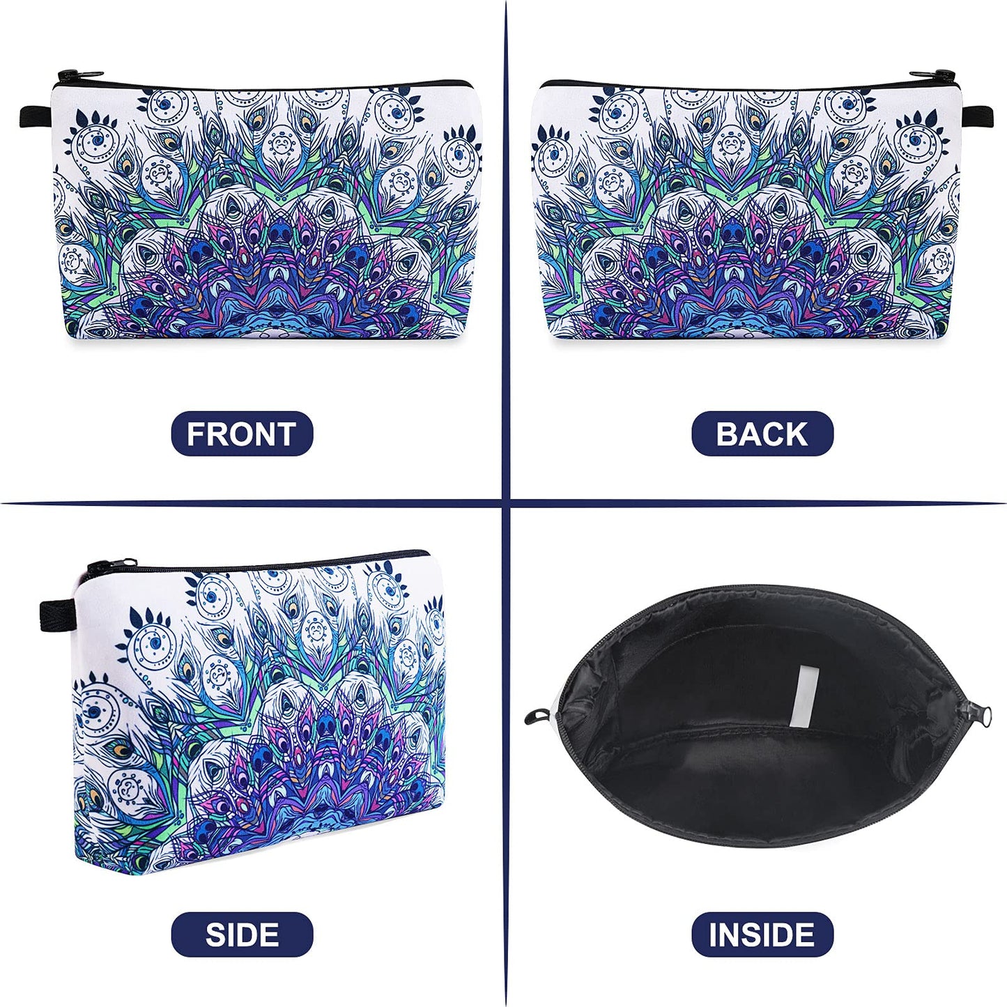 MAGEFY Makeup Bag, 2 Styles Travel Cosmetic Bag for Women Cosmetic pouch Elegant Blue Patterns Zipper Pouch Waterproof Makeup Pouch Cute (2 Packs, Peacock feather + Mandala pattern 0179)