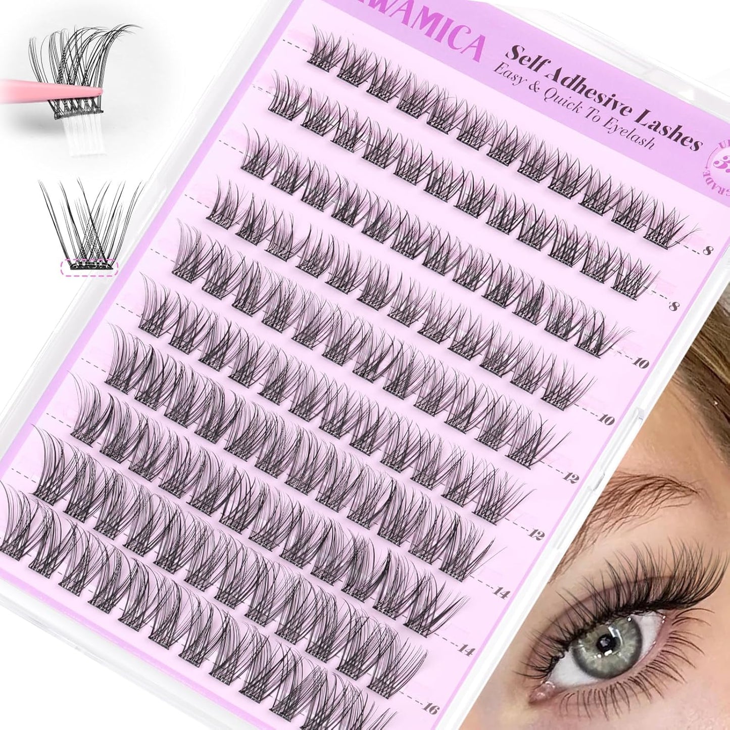 Self-Adhesive Brown Lash Clusters - No Glue Needed, Reusable 8-14mm Wispy Individual Lashes | C Curl DIY Extensions