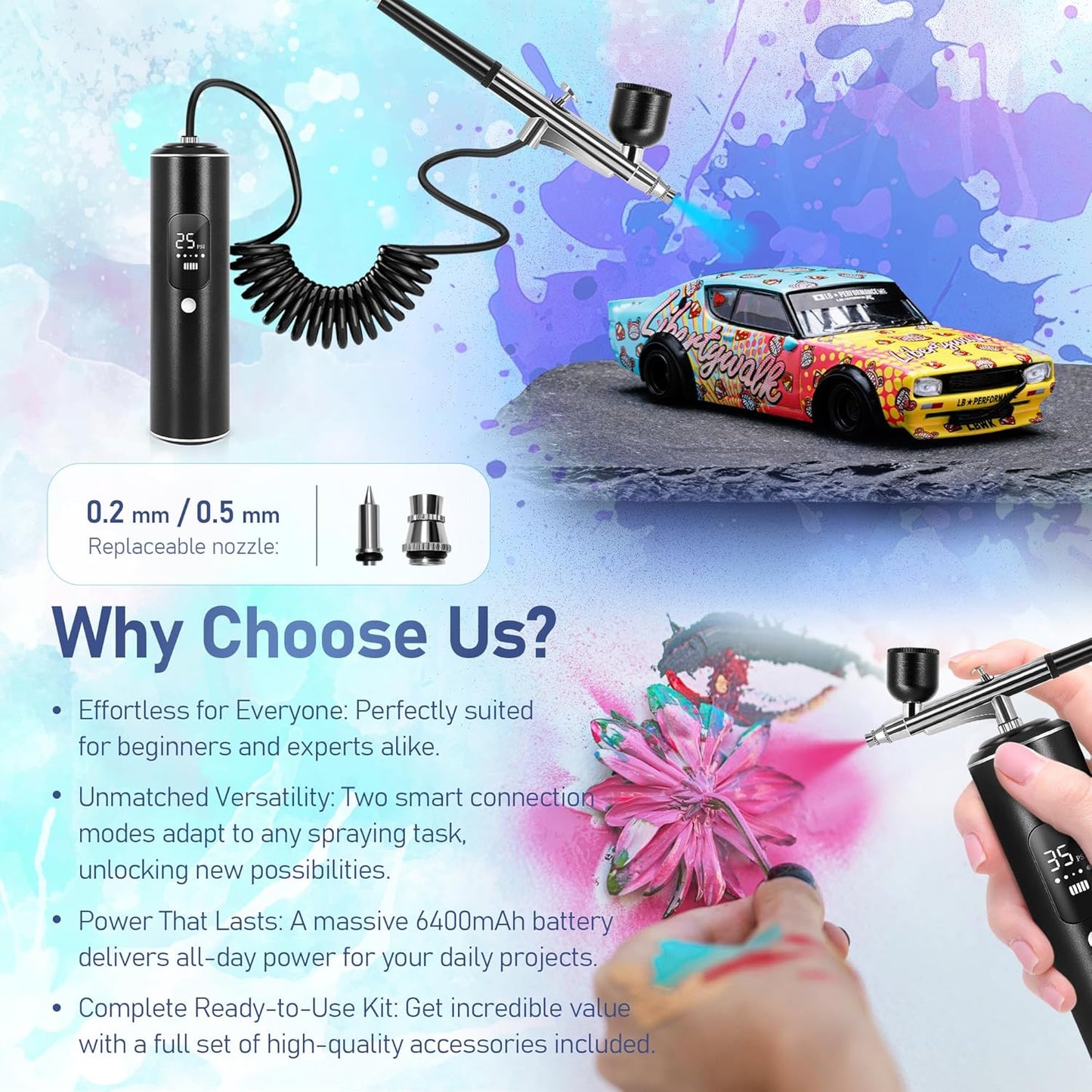 Airbrush Kit - High Pressure 50PSI Compressor with 2 Airbrushes & 0.2/0.3/0.5mm Nozzles | Ideal for Nails, Cake Decorating, and Modeling (Black)