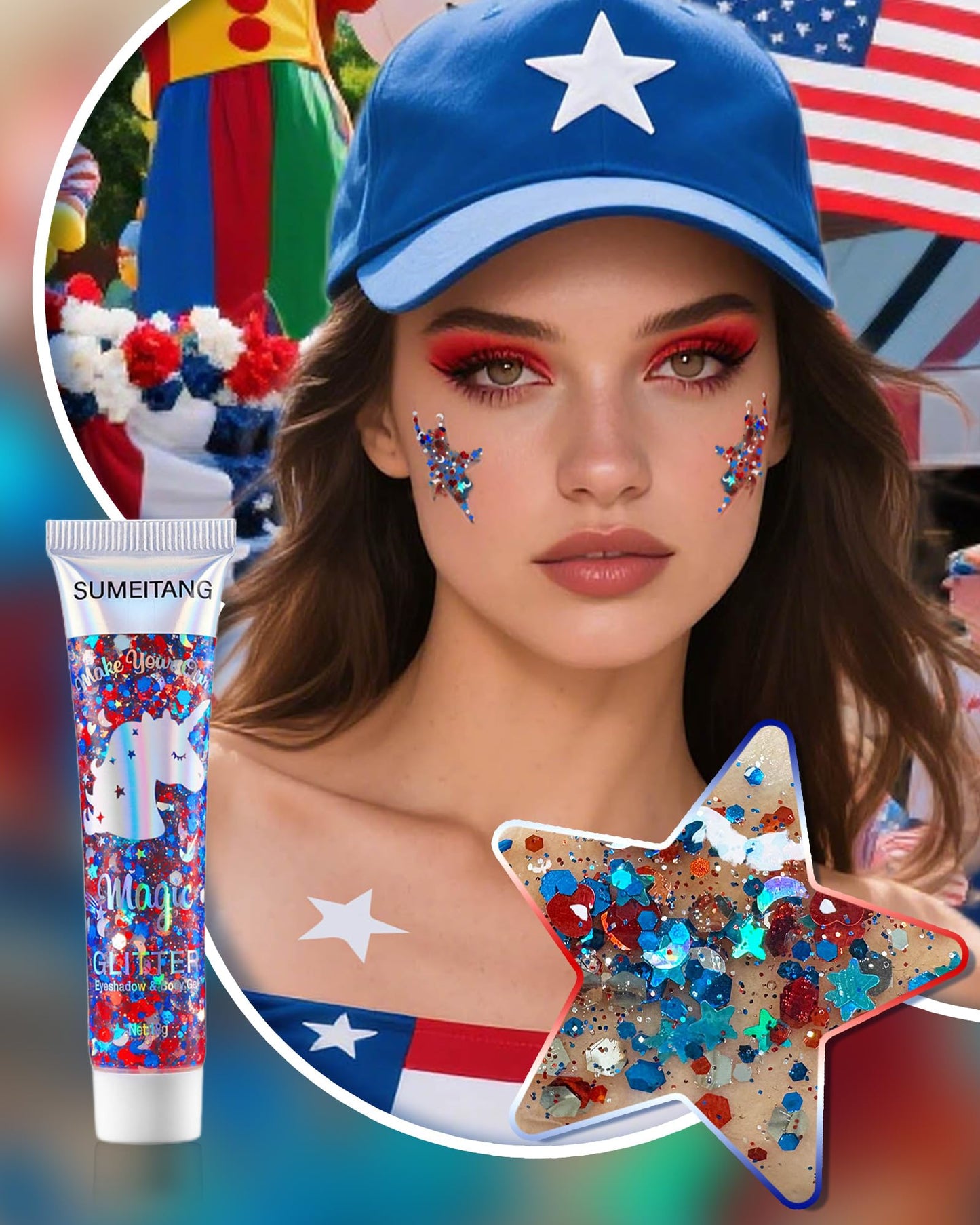SUMEITANG 6pcs Red White Blue Face & Body Glitter Gel | 4th of July Patriotic Sparkling Makeup | USA Flag Hair Glitter for Independence Day Festivals Parties | Women Kids Fourth of July Outfits