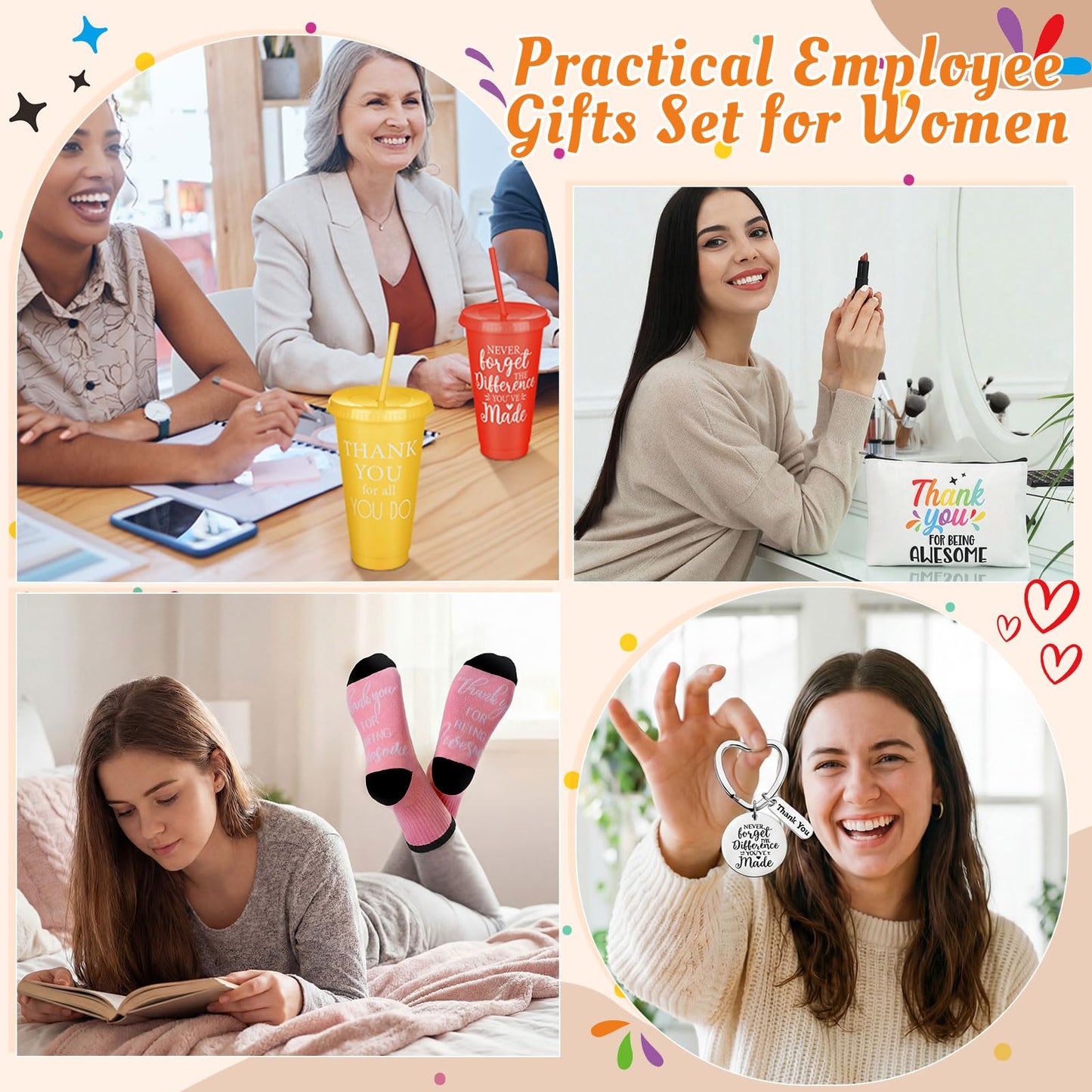 Funnymoom 24 Pcs Employee Appreciation Gifts Bulk for Women 24 oz Plastic Tumbler Cup Inspirational Makeup Cosmetic Bag Crew Sock Keychain Thank You Gift for Teachers School Staff Team Coworker