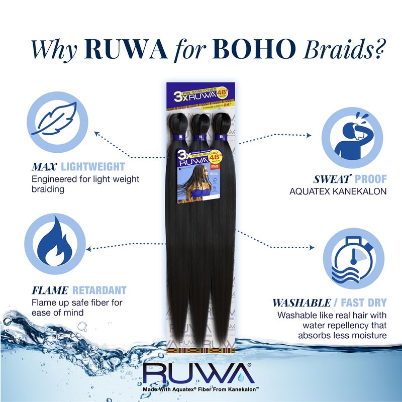 Sensationnel Ruwa prestretched braiding hair - 3x 48 inch water repellent kanekalon fast dry synthetic sports itch free (1 pack, 1B OFFBLACK)
