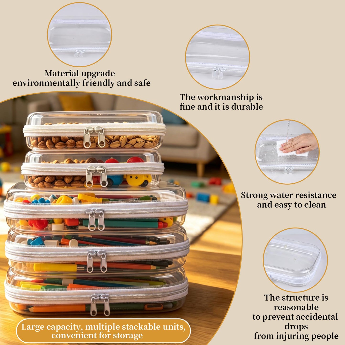 jayuwe 5-Pack Clear Hard Shell Zipper Case With Lids – 3 Large and 2 Small Clear Pencil Case, Stackable,Zipper Pouches Hard Shell for Cosmetics, Charging Cables, Sketch Supplies