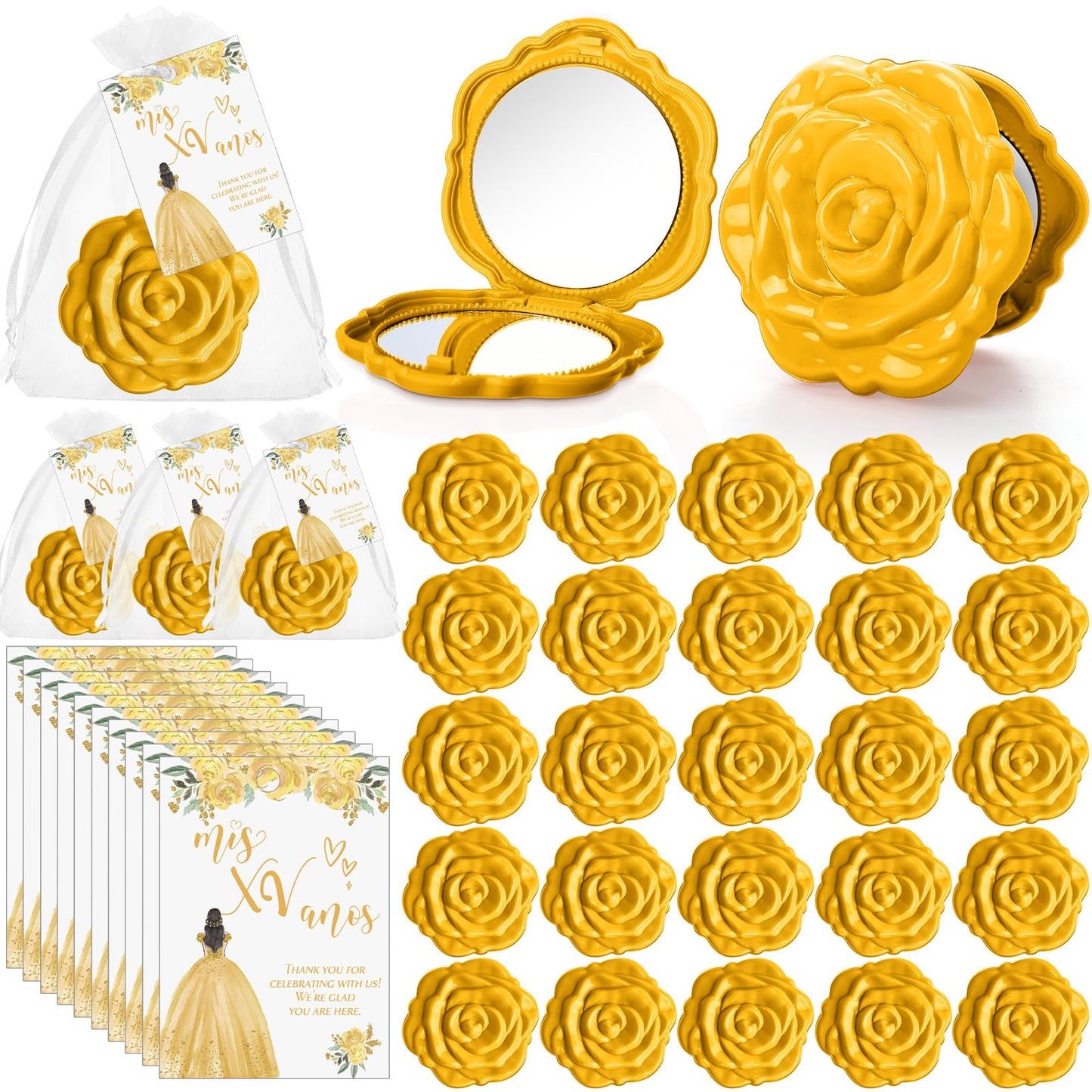 Wenqik 50 Sets Quinceanera Party Favors for Guests Rose Design Compact Pocket Mirrors Quinceanera Cards Thank You Gift and Organza Bags Birthday Party Favor (Gold)