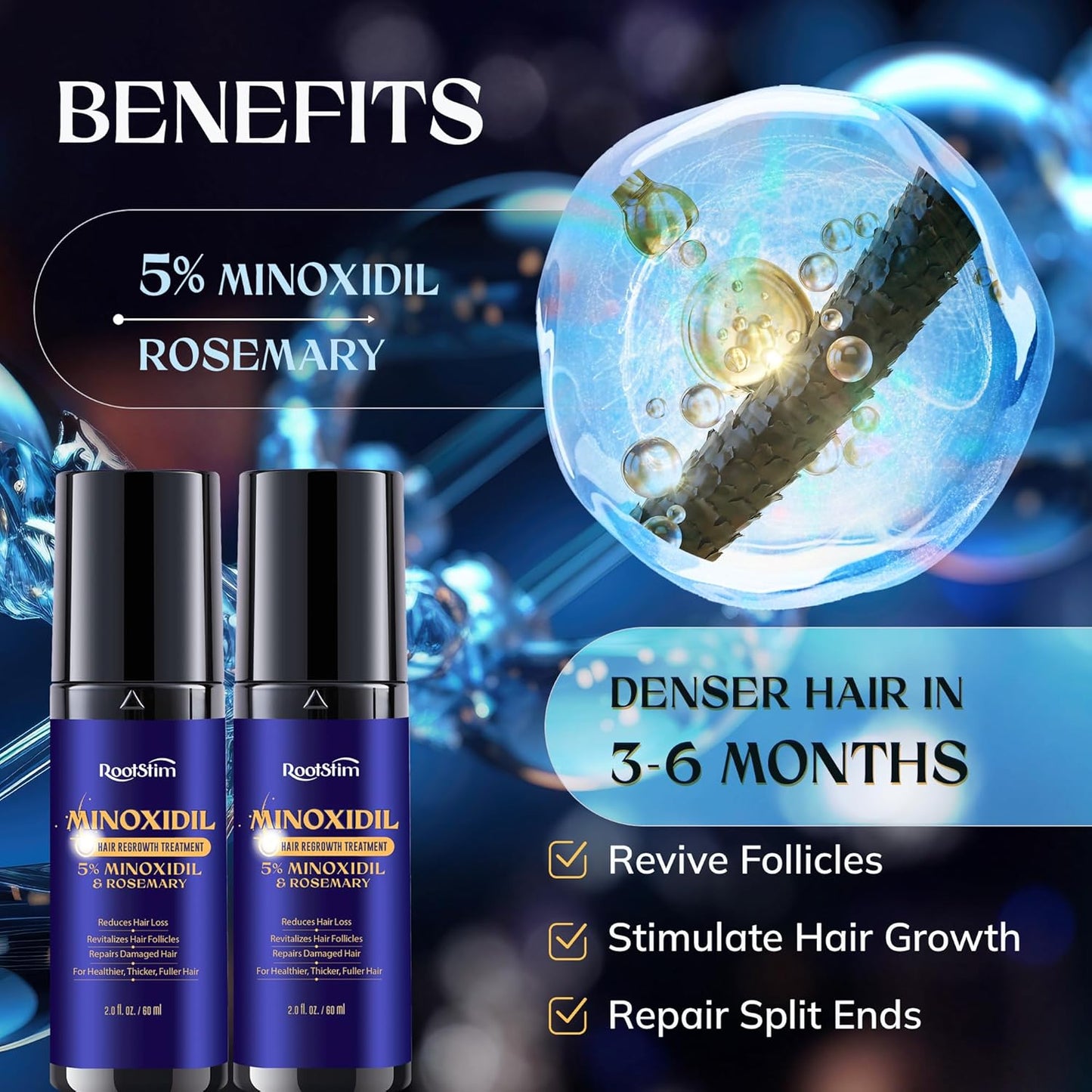 Minoxidil Hair Growth Serum for Men & Women | Extra Strength 2-Pack with Rosemary for Thicker Hair - 4 FL OZ