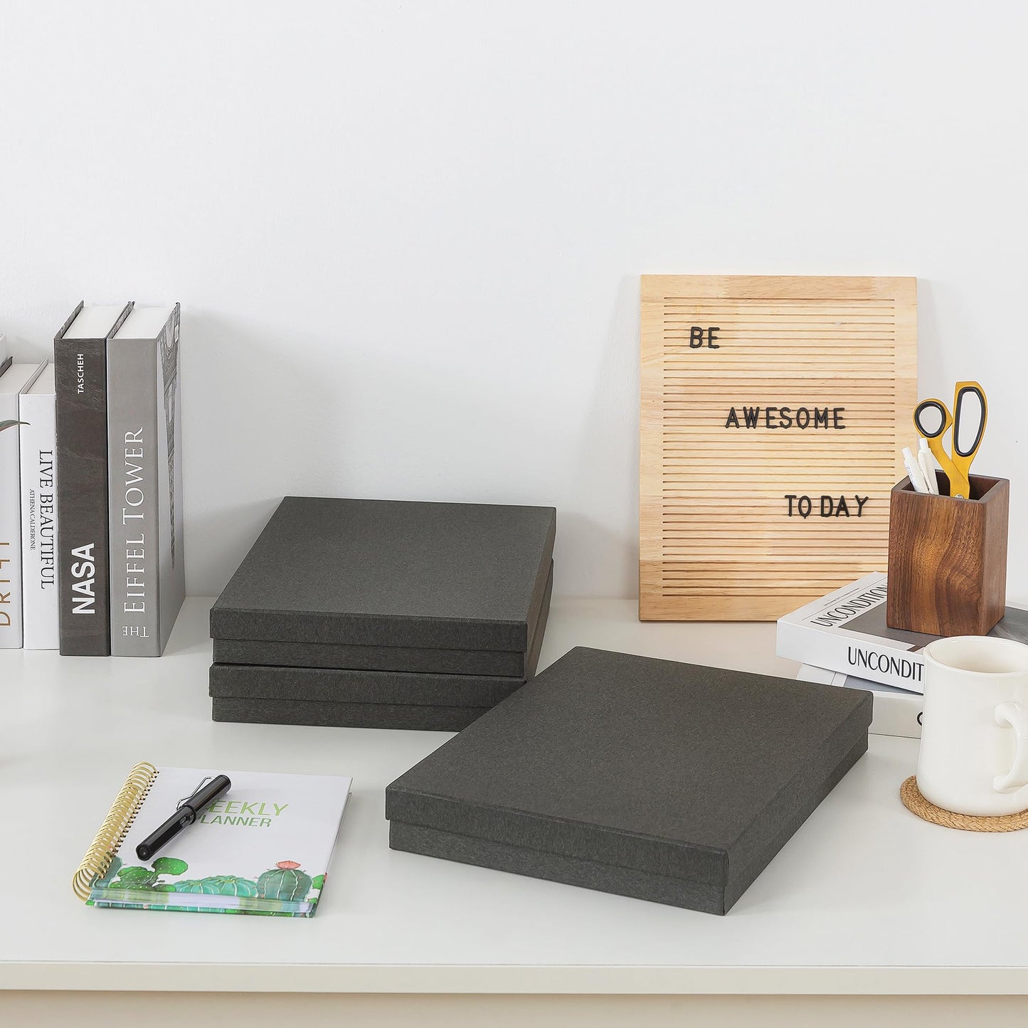 Soul & Lane Document Storage Boxes - Set of 3 (13.2" x 9.8" x 1.8"), Versatile Photo & Craft Organizer for Home & Office, Stackable Cardboard Storage for Letters, Files & Memorabilia, Slate Gray