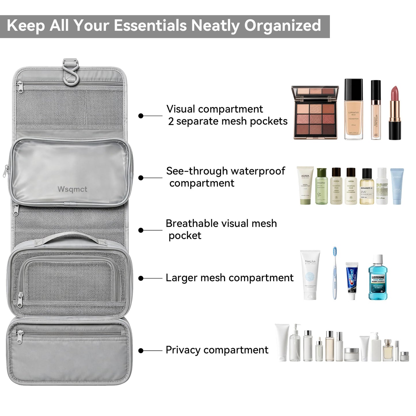 Wsqmct Hanging Travel Toiletry Bag, Waterproof Travel Bag for Toiletries Makeup Cosmetic Bag Organizer for Women Traveling Bathroom Shower, with 3 Silicone Travel Bottles, Blue