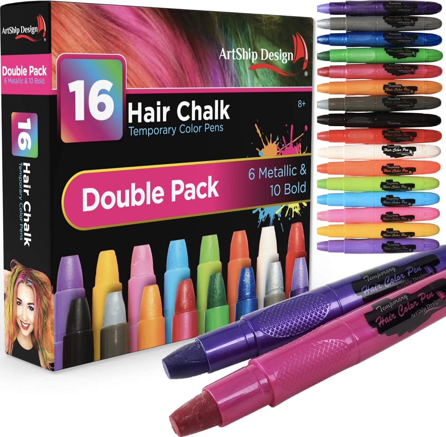 Temporary Hair Color Pens - 16 Vibrant Colors + 6 Glitter Shades | Creaseless Hair Ties Included