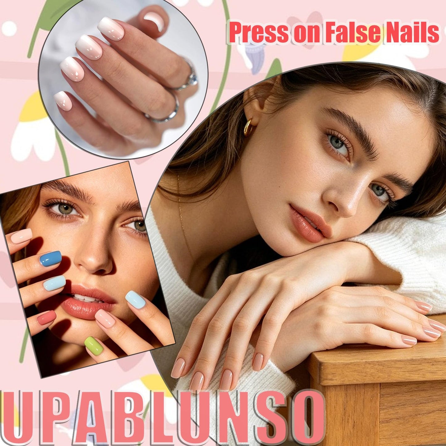 24Pcs 3D Flower Press on Nails Short, Square Fake Nails Press ons with Daisy Designs Blue False Nail Spring Summer Glue on Nail, Floral for Women Manicure Art Set